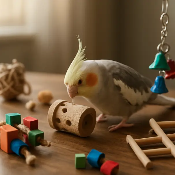 Gros plan sur des jouets d'enrichissement pour oiseaux avec un cockatiel explorant un jouet de recherche de nourriture