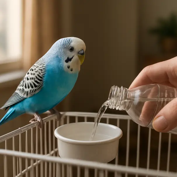 Blue budgie on a perch while a person refills water in a bright kitchen, sunlight coming through the window