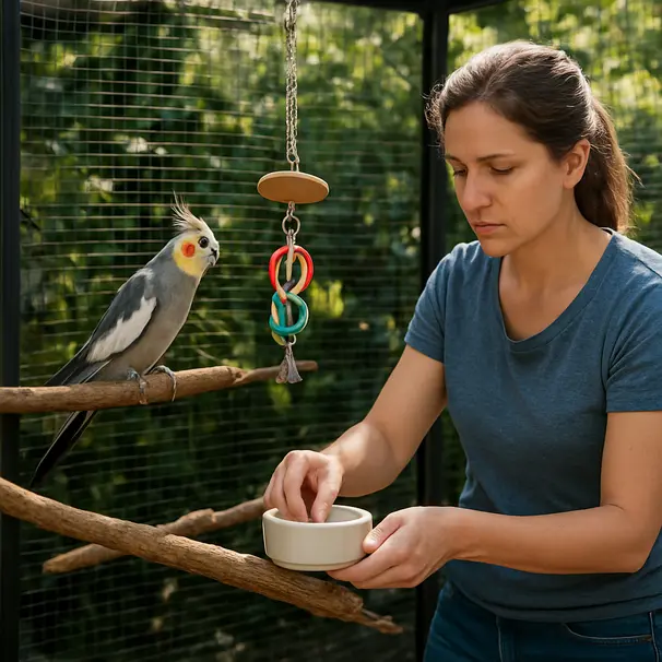 Cockatiel in a small outdoor aviary with a pet carer swapping toys and cleaning a food bowl, sunny afternoon