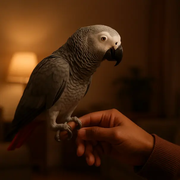 African grey parrot gently stepping onto a caregiver's hand in a dimly lit living room, evening bonding moment
