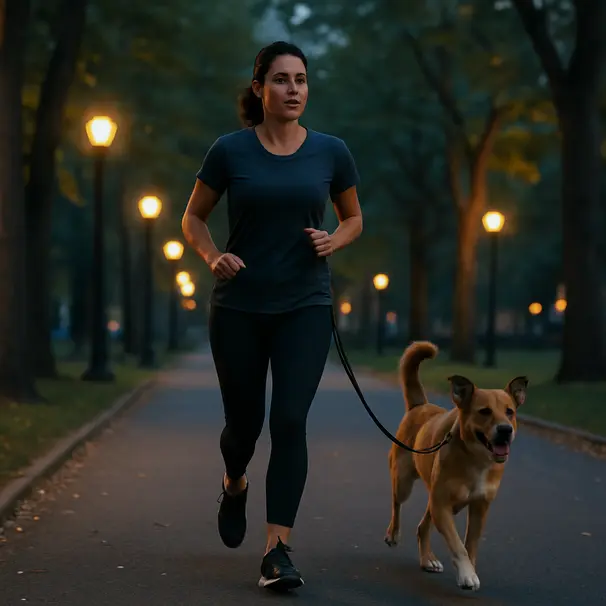 Pet carer jogging on a tree-lined city trail at dusk with a mixed-breed dog running beside them, warm streetlights in background