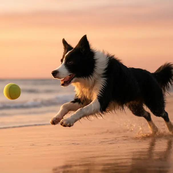Border collie leaping to catch a ball on a wet sandy beach at sunrise with water splashing around its paws
