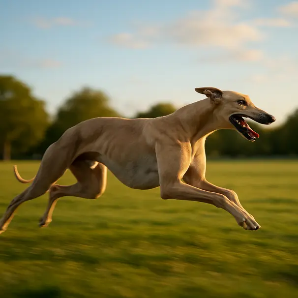 Greyhound sprinting at full speed across a sunlit grassy park, low-angle shot showing motion blur and dynamic energy