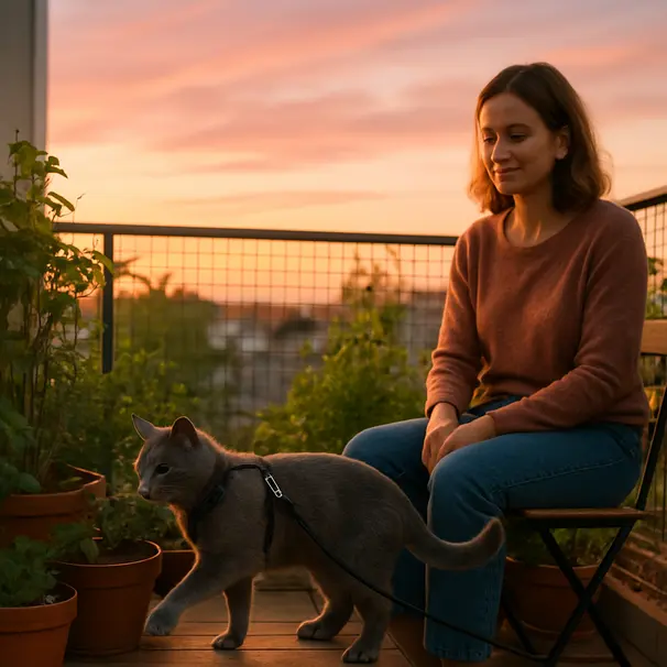 A grey cat wearing a harness exploring a balcony catio at sunset while a pet carer watches calmly, plants and sunset visible