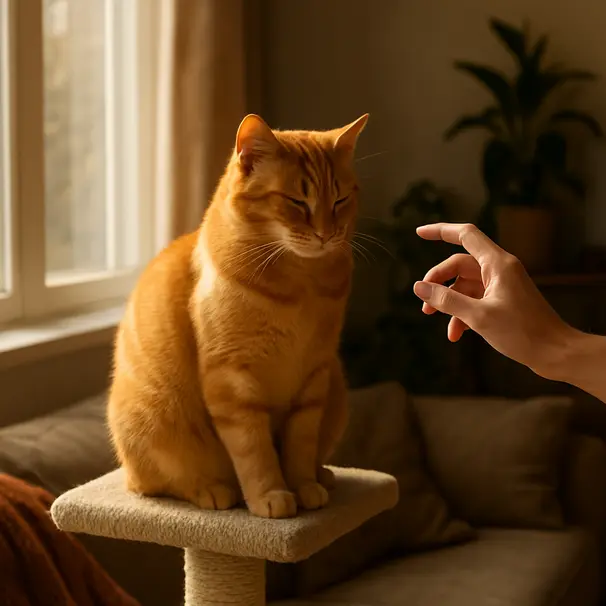 An orange tabby cat lounging on a cat tree by a sunlit window while a person offers a slow blink, cozy living room environment