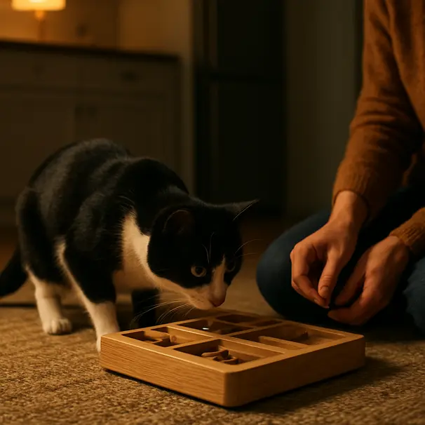 A black and white cat solving a wooden puzzle feeder on a kitchen floor with a person nearby in warm evening light