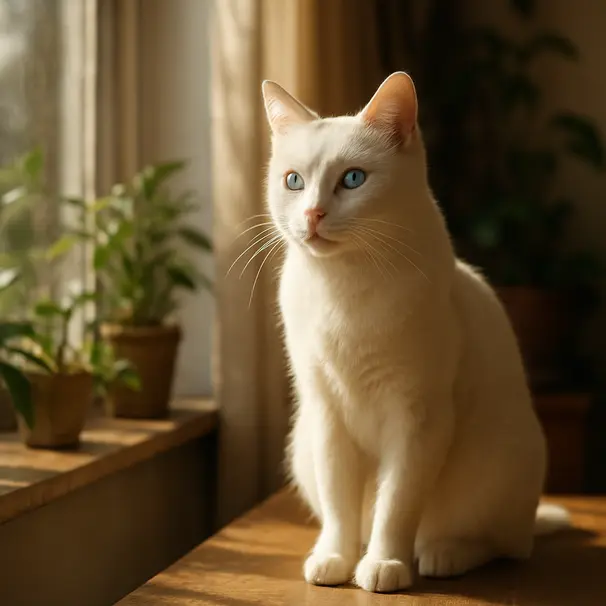 Short-haired white cat with blue eyes sitting on a sunny windowsill in a cozy indoor setting