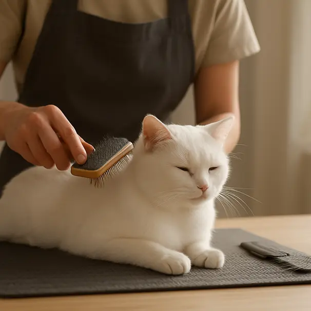 Pet carer brushing a calm white cat indoors on a grooming mat with natural light