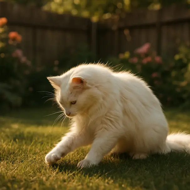 Long-haired white cat playing in a shaded garden during golden hour with flowers and fence in the background
