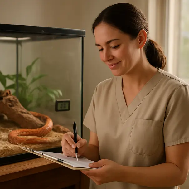 Pet carer holding a checklist and pen while checking digital thermometers on both ends of a terrarium with a corn snake inside