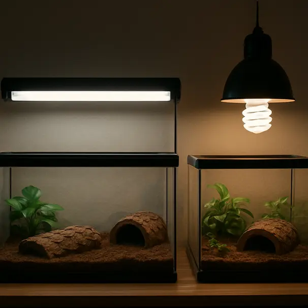 Two terrariums side by side with different UVB light types mounted above, showing placement and enclosure details
