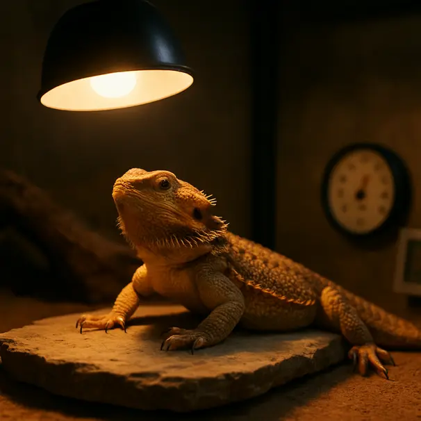 Bearded dragon basking on a rock under a lamp with thermostat visible in the enclosure
