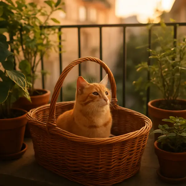 En katt sitter i en korg på en balkong omgiven av krukväxter, solen skiner, lugn stämning