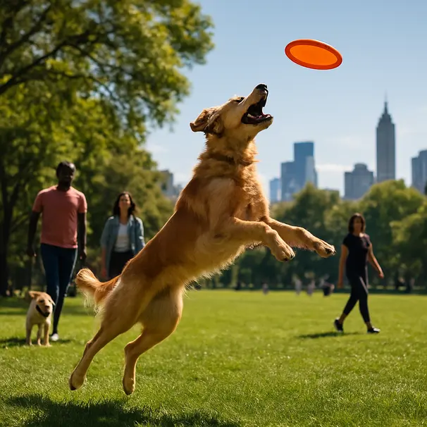 En glad hund hoppar efter en frisbee i en solig park medan en hundrastare håller i kopplet, rörelse och energi