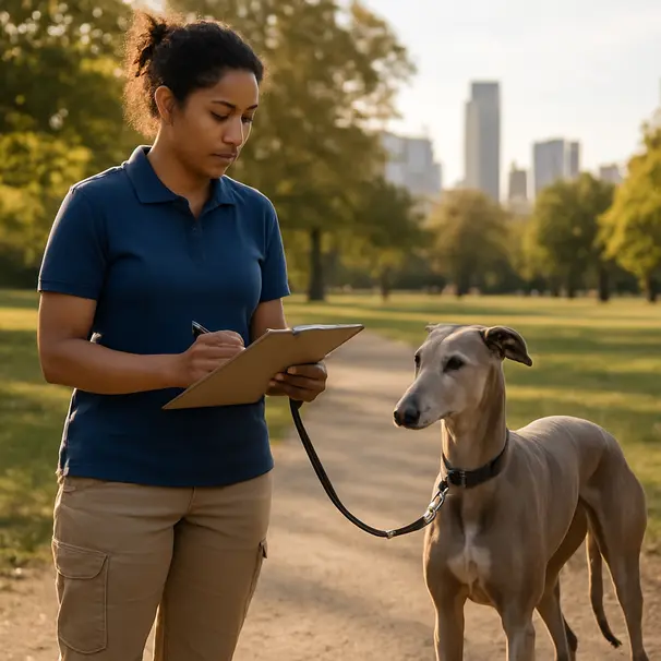 Pet carer checking dietary notes on a clipboard with a calm greyhound waiting beside them outdoors in late afternoon.