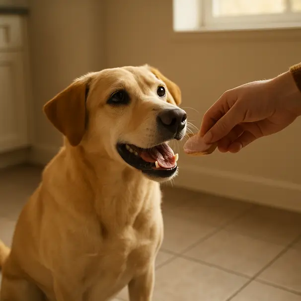 Owner feeding a small piece of plain cooked pork to a Labrador mix in a sunlit kitchen, dog sitting politely.