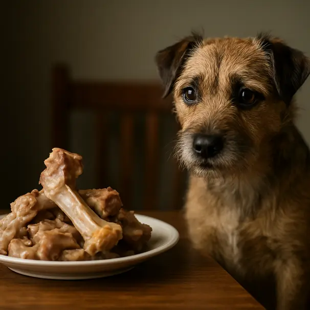 Small terrier near a plate of cooked pork bones and fat on a dining table, highlighting the danger of cooked bones.