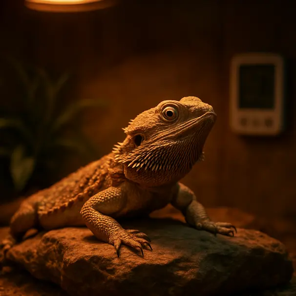 Un pogona se dorant sous une lampe chauffante dans un terrarium, posé sur une pierre.