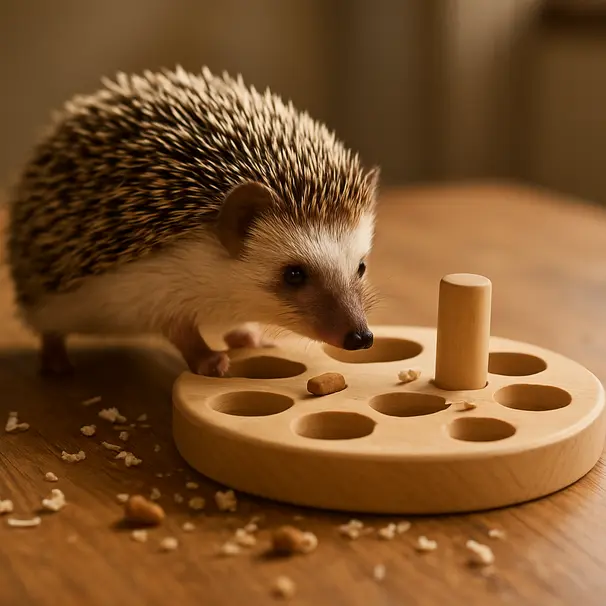 Un hérisson fouille un jouet distributeur de friandises sur une table en bois.