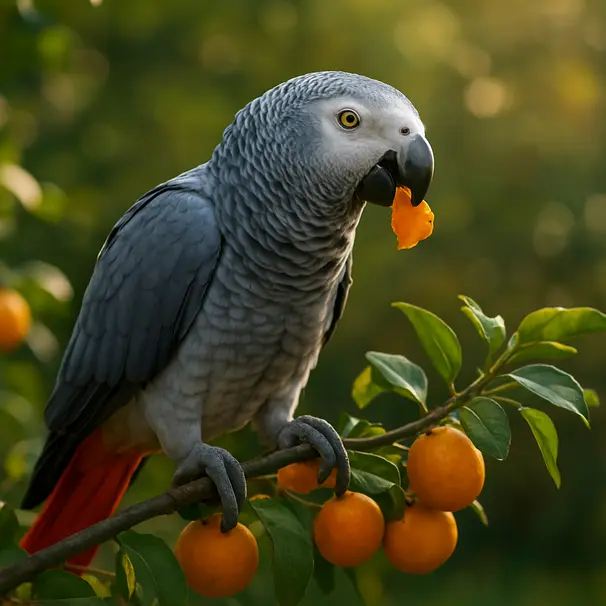 Un perroquet perché sur une branche en extérieur, mangeant un morceau de fruit.