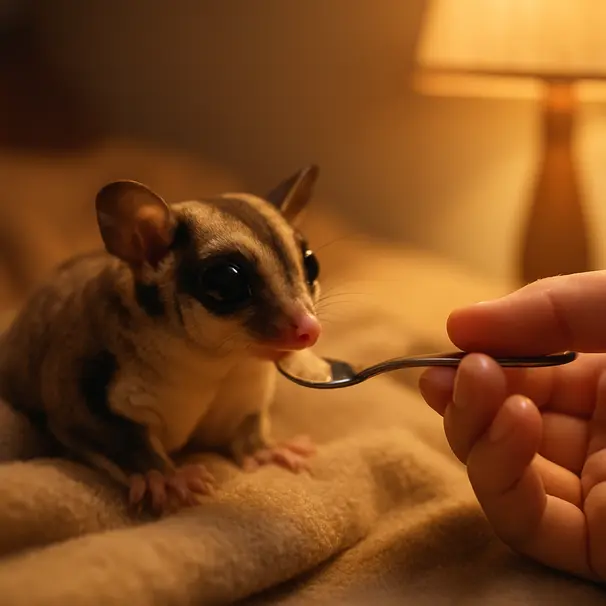 Un sugar glider se nourrissant à la main sous une lumière douce, posé près d'une main humaine.