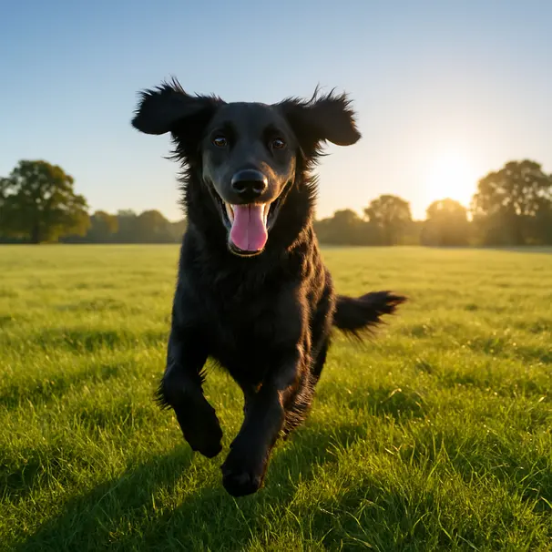Flat-Coated Retriever running energetically across a sunlit meadow with trees in the distance