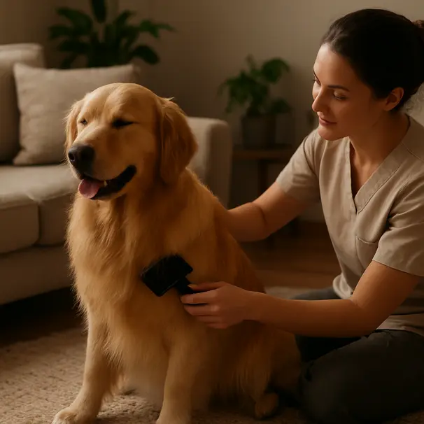 Golden Retriever being brushed by a pet carer inside a warm living room, relaxed and content