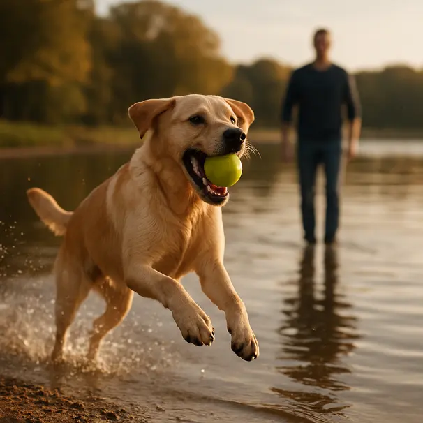 Labrador retriever jumping to catch a ball at a lake shore, water splashing, owner blurred in background