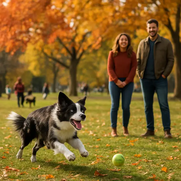 Border collie running after a ball in a sunny dog park with people and trees in the background, conveying active play and social interaction