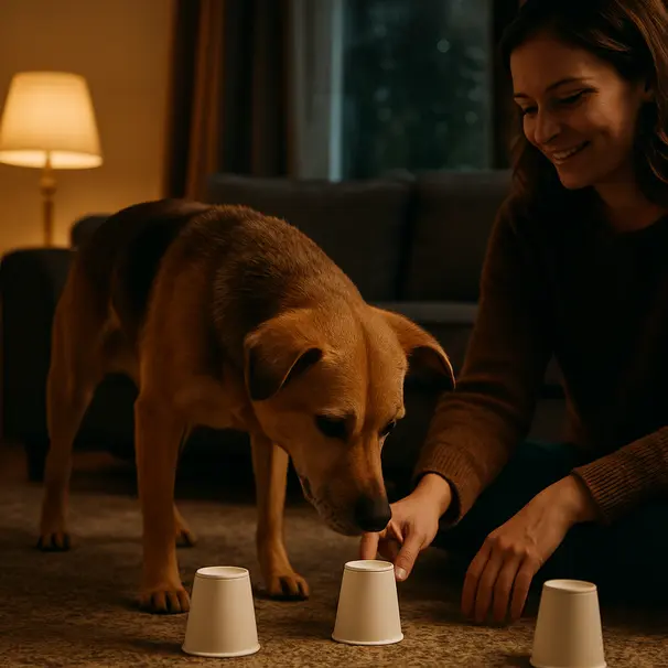 Mixed-breed dog doing a scent game with a person in a warm living room while rain falls outside, showing indoor enrichment and bonding