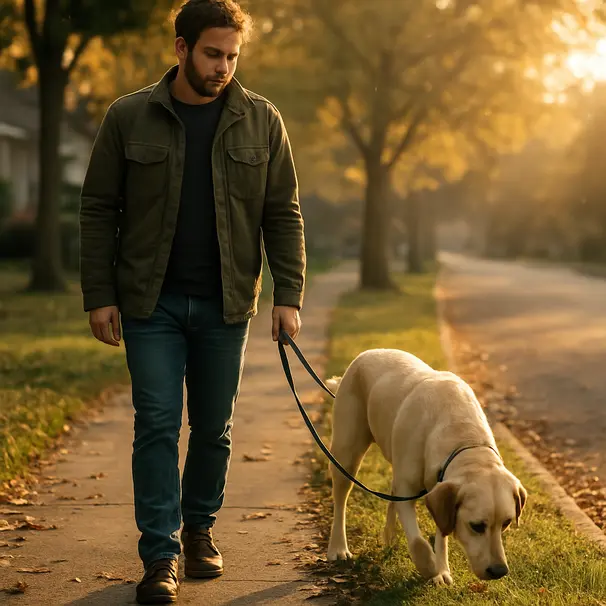 Dog sitter walking a Labrador retriever on a leafy suburban sidewalk early in the morning, dog sniffing the grass and enjoying the calm moment