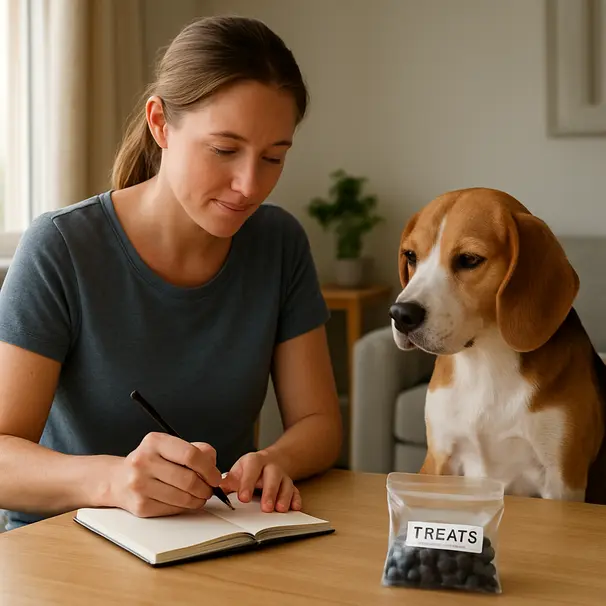 Pet carer noting feeding details in a notebook while a beagle sits near a bag of blueberries on a table