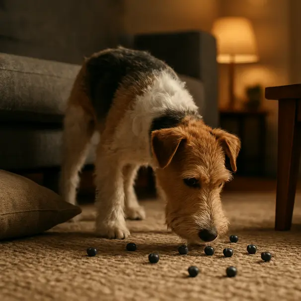 Terrier searching for hidden blueberries around a cozy living room rug and cushions