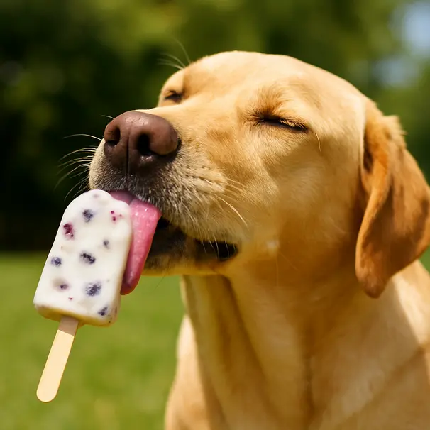Labrador enjoying a frozen blueberry and yogurt pop outside in a sunny backyard