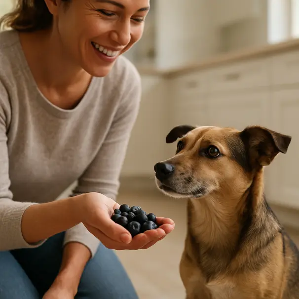 Person handing fresh blueberries to a small curious dog indoors near a sunlit kitchen window