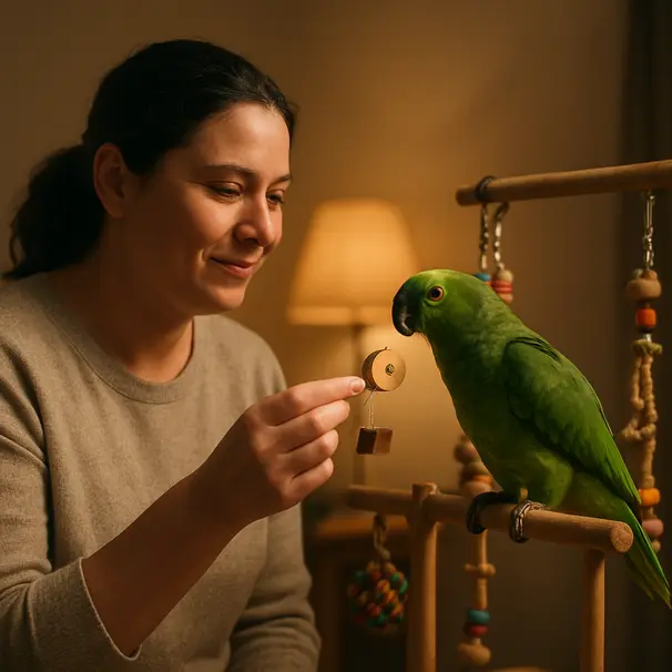 Caregiver presenting a wooden toy to a parrot on a play stand indoors with warm lamp light