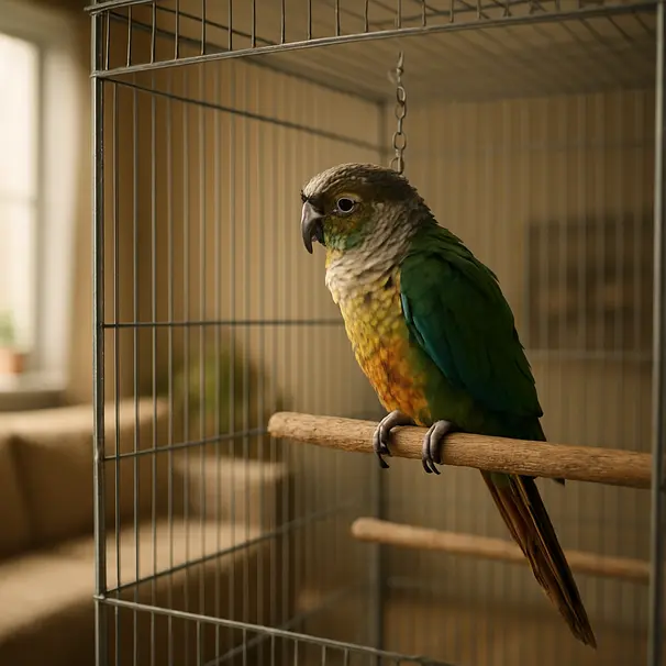 Medium parrot perched inside a clean cage in a sunlit living room, showing perches and toys