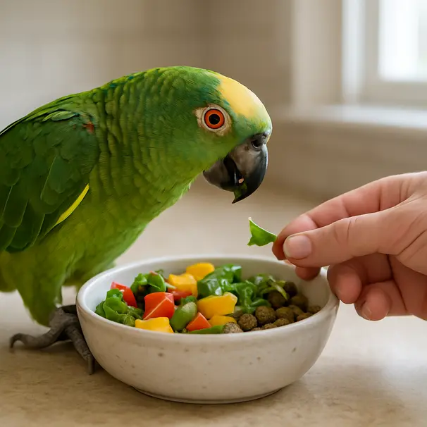 Colorful parrot eating fresh vegetables and pellets from a bowl on a kitchen counter with a hand nearby