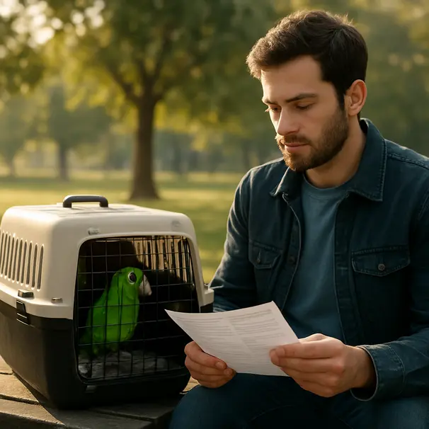 Small parrot in a travel carrier as a sitter reviews a printed care sheet in a park in the morning