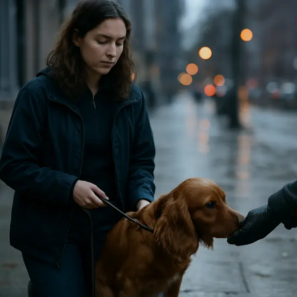 Pet carer on a city sidewalk guiding a spaniel to sniff a new person's hand during a calm introduction, evening setting