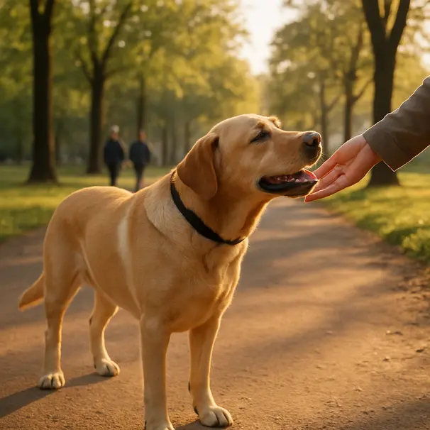 Labrador sniffing a person's hand in a sunny park with trees and a pathway, morning light