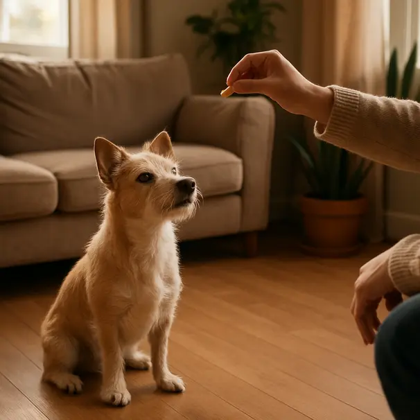 Small terrier sitting calmly in a living room while owner practices training with a treat, cozy home setting