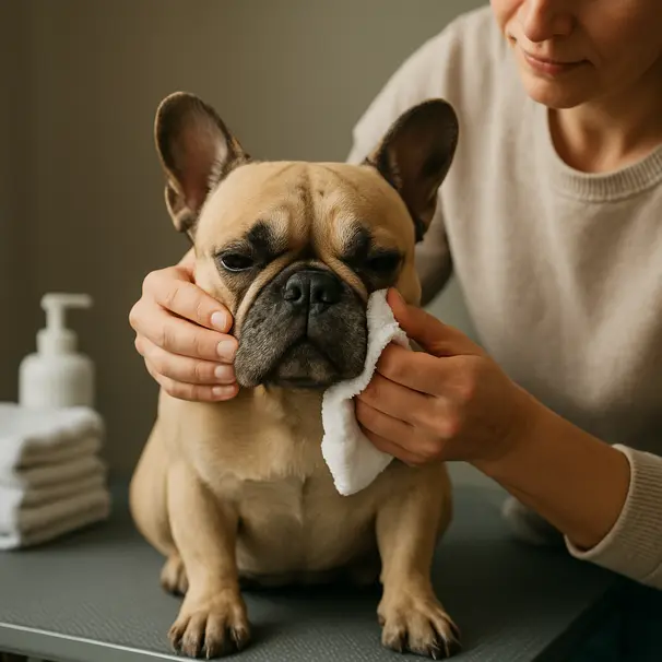 Owner cleaning the face folds of a relaxed French Bulldog on a grooming table with towels and supplies visible