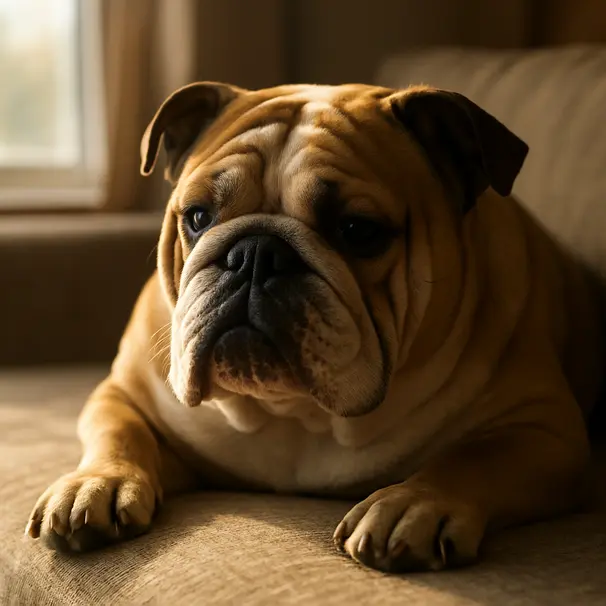 English Bulldog reclining on a sofa in a sunlit living room, showing facial wrinkles and relaxed posture