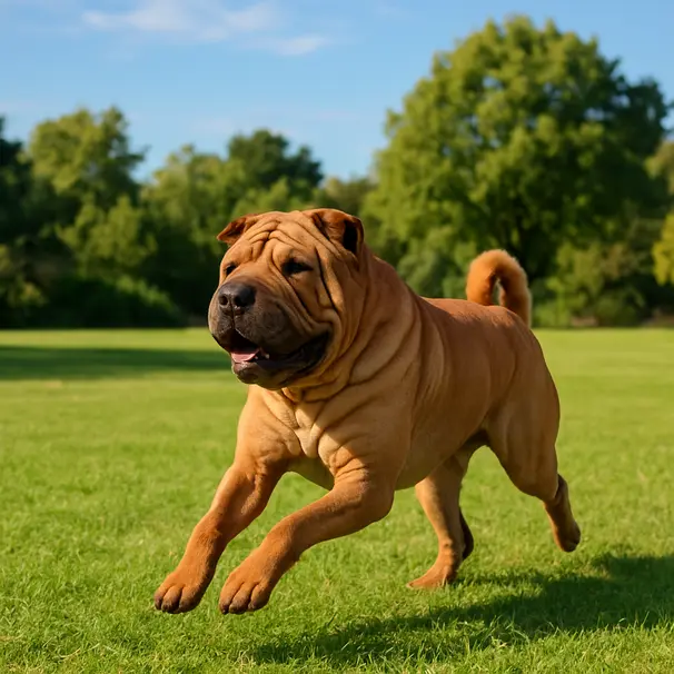 Shar Pei running across grassy park with prominent wrinkles and an active playful pose