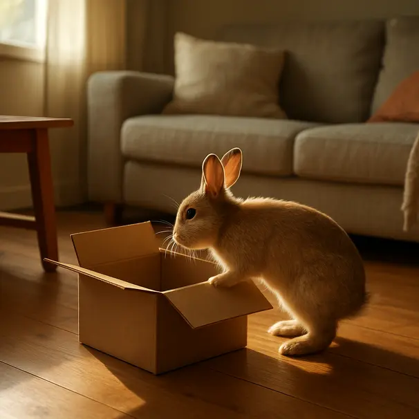 Lapin curieux explorant un salon lumineux, posé sur le sol près d'une cachette, lumière douce d'après-midi, personne en arrière-plan observant.