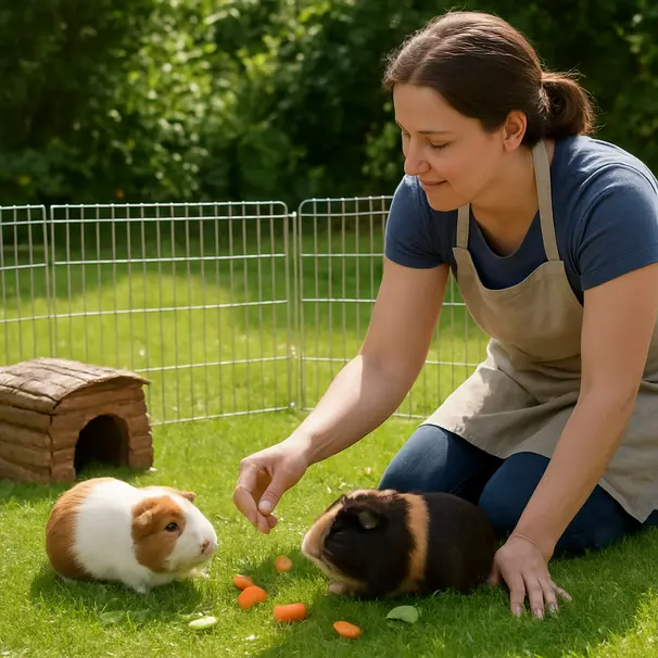 Deux cochons d'Inde dans un enclos de jardin sous le soleil, joue avec des cachettes en bois, carer attentif à proximité.