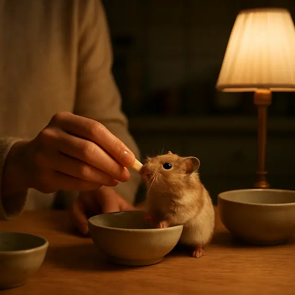 Personne nourrissant un hamster dans une cuisine chaleureuse le soir, lumière de lampe, ambiance calme et gestes doux.