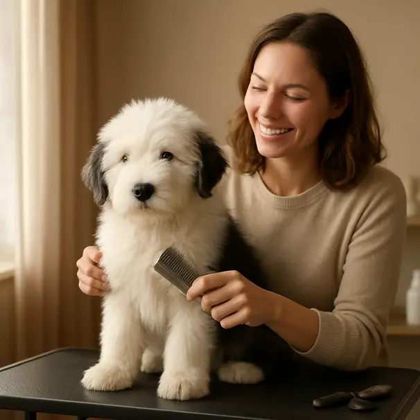 Owner gently brushing an Old English Sheepdog puppy on a grooming table in a sunlit room