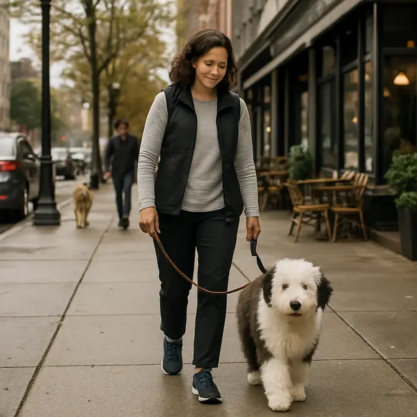 Pet carer walking an Old English Sheepdog puppy on a loose leash along a city sidewalk near cafes